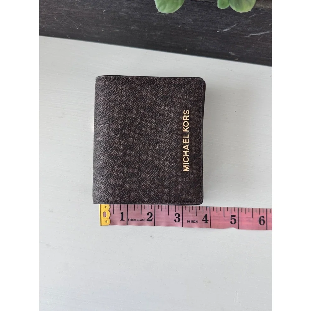 Michael Kors Bifold Wallet Brown Signature Logo Gold Hardware ID Window Pocket